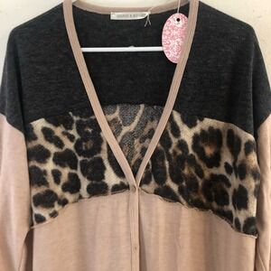 Saints & Hearts Leopard Colorblock Longline Cardigan Tan Charcoal Small (1351)